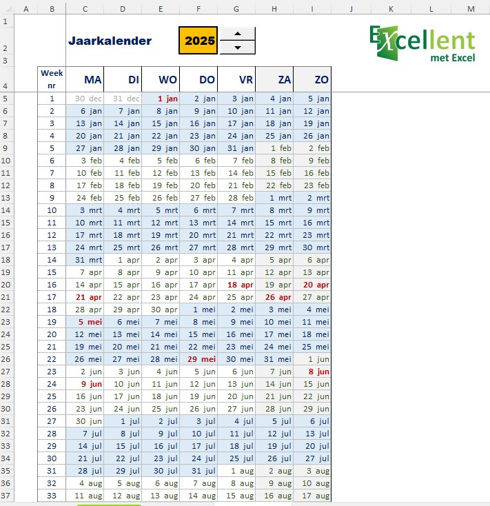 Weekoverzicht in Excel